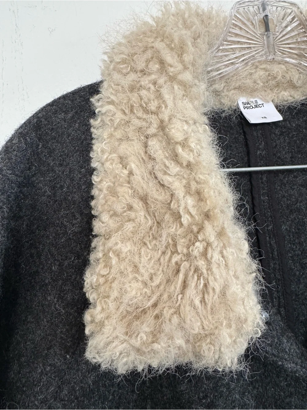 Simple Project 100% Wool Charcoal Coat Cream Shearling Collar XS